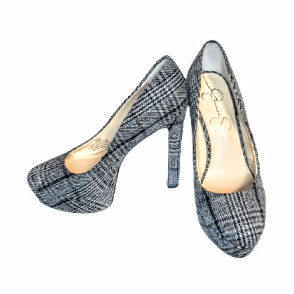 Jessica Simpson Nellah Chunky Plaform Pump High Heels Black white plaid retro